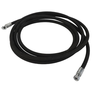 The AGCO HYDR. HOSE - AL9031718 is a coiled black hose with silver metallic fittings on both ends, perfect for efficiently transferring liquids or gases.