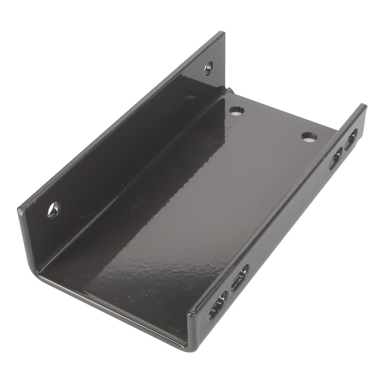 The AGCO | UNION - D28784198 by AGCO is a black metal bracket featuring a U-shaped design intended for mounting purposes. It includes three holes on each vertical side and two holes on the flat base. Currently, there is no additional product description information available.