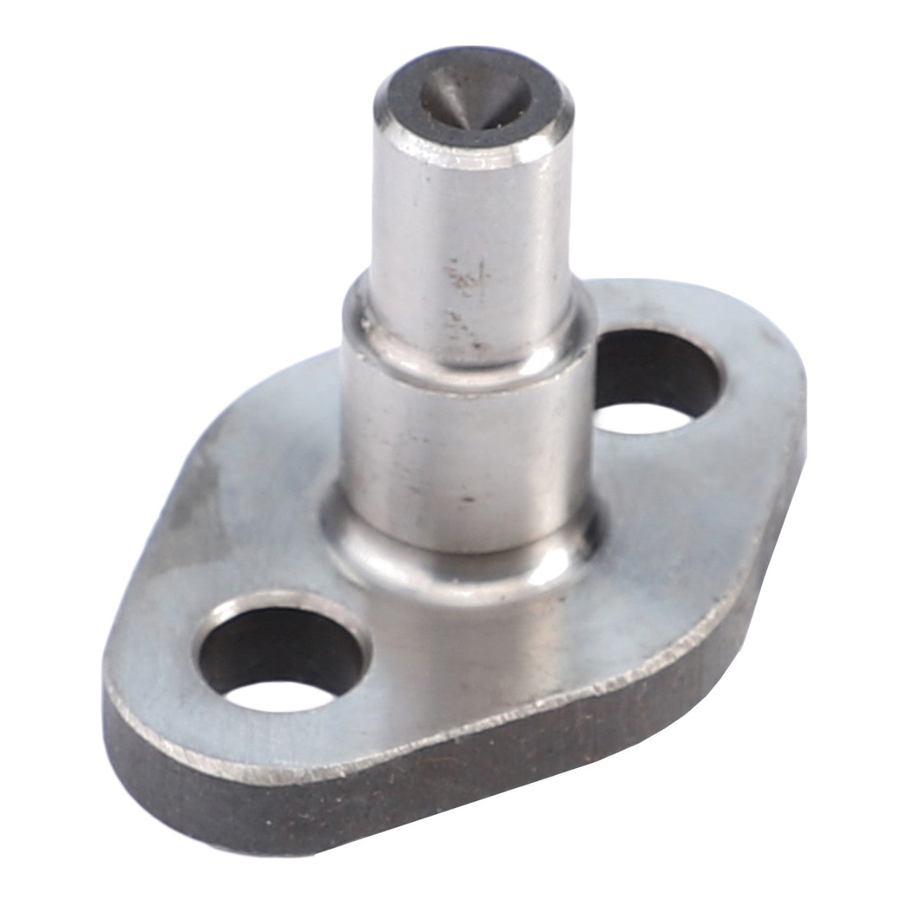 The AGCO | Support - 898643M1 is a metal component featuring two mounting holes and a cylindrical protrusion with a slotted top, ideal for MF Tractor Parts.