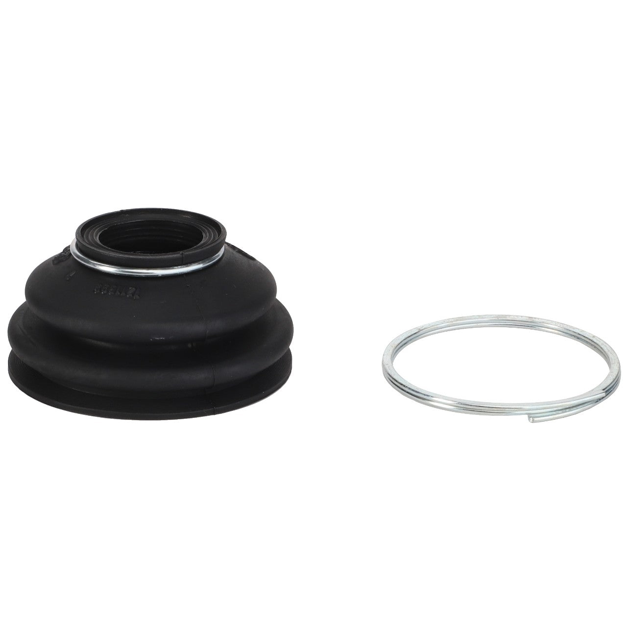 A black rubber bellows, specifically the AGCO Dust Boot - F650153021630, accompanied by a separate metal ring, displayed on a white background – no current product description available.