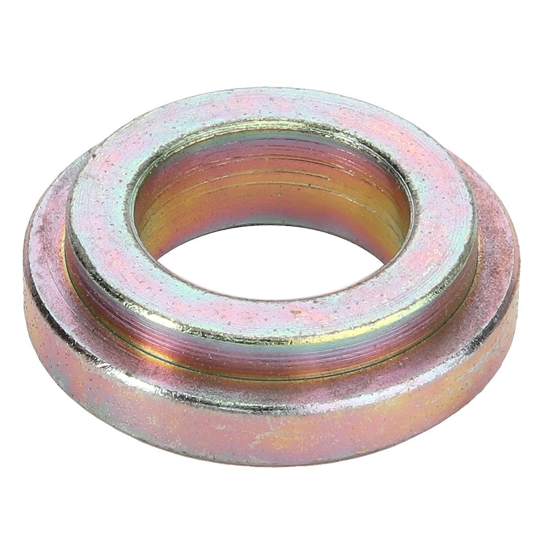 A metallic washer with a central hole, featuring a reflective finish with shades of pink and yellow. No current product description information is available for AGCO | BUSH - D49071600 from the brand AGCO.