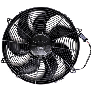 The AGCO | FAN - AG334292 is a black electric radiator cooling fan with a circular grille and five blades, featuring an attached electrical connector, ensuring reliable performance as part of the cooling system.