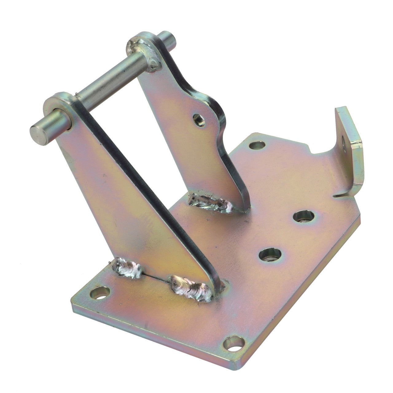 The AGCO Shield Hinge, Left Hand - Acx2072450 is a metal bracket featuring multiple holes, a hinge mechanism, and a protruding hook on one end, designed for mounting or support purposes.