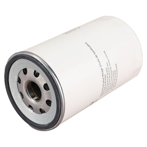 The AGCO Engine Oil Filter Spin On - F954200510010 is a cylindrical oil filter with a white outer casing and a metallic top featuring holes and a threaded center. Text and specifications are printed on the side, ensuring cleaner oil for your engine. This AGCO Genuine Engine Oil Filter extends component life with superior performance.