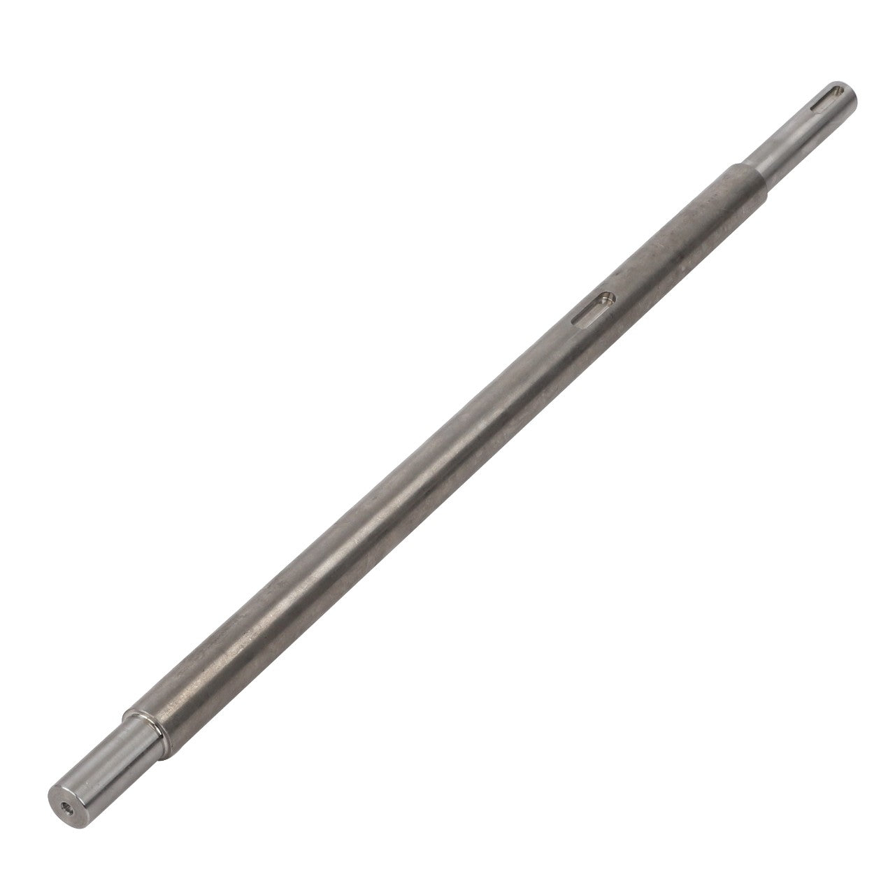 The AGCO | SHAFT - D28782107 is a metallic cylindrical rod with connectors on both ends, featuring a small hole and groove on one side. No current product description information is available.