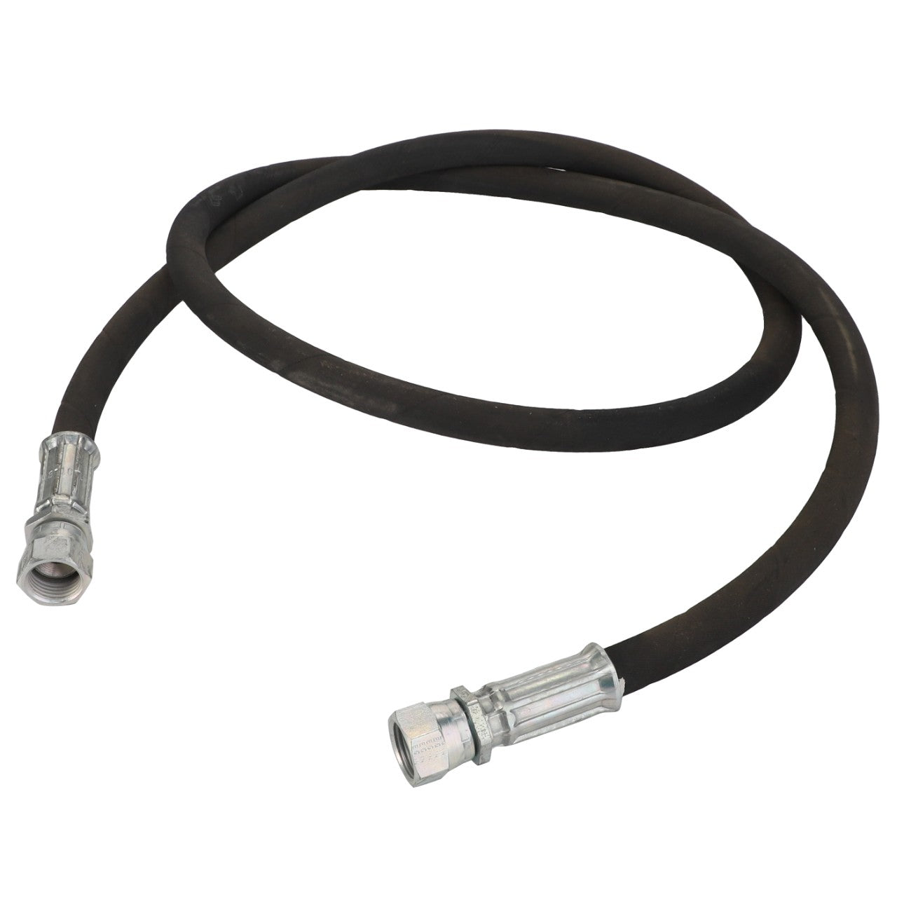 The AGCO Hydraulic Hose - Acp0007990 is a flexible black rubber hydraulic hose equipped with metal connectors on both ends, coiled into a loose loop. No current product description available.