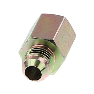 The AGCO ADAPTER - AL5027941 is a brass hexagonal fitting featuring male threads on one end and a conical opening on the other.