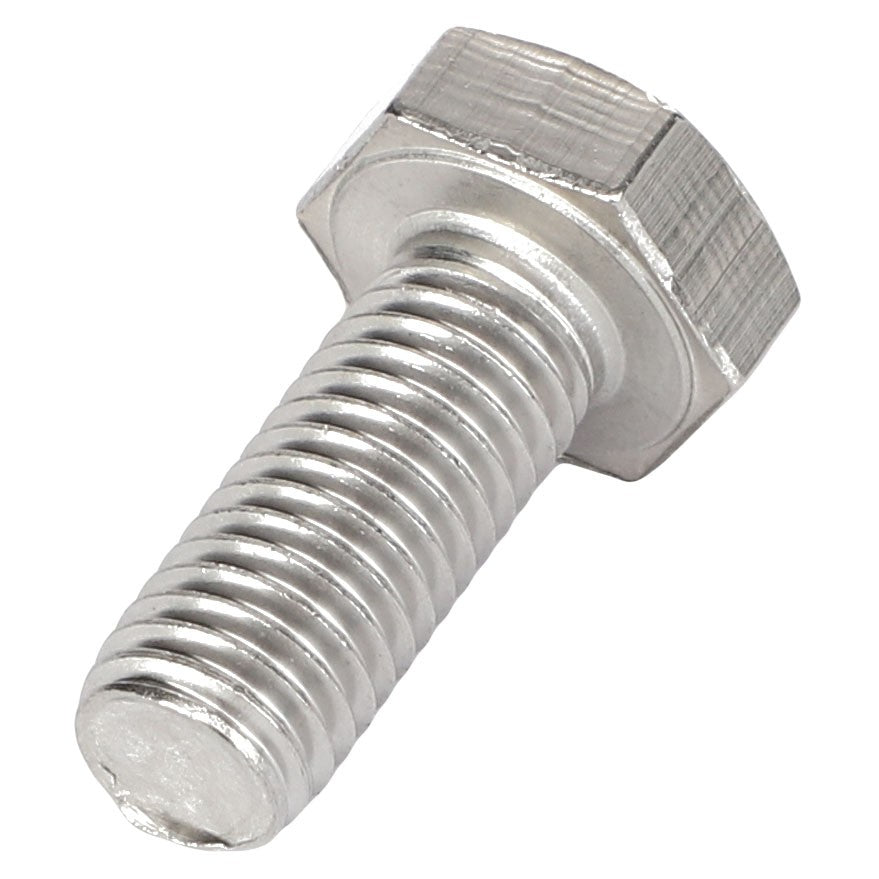 A close-up of an AGCO | HEXAGONAL HEAD BOLT - AG521010, featuring a threaded shaft and hexagonal head, is set against a white background, offering no information available about its specific use.