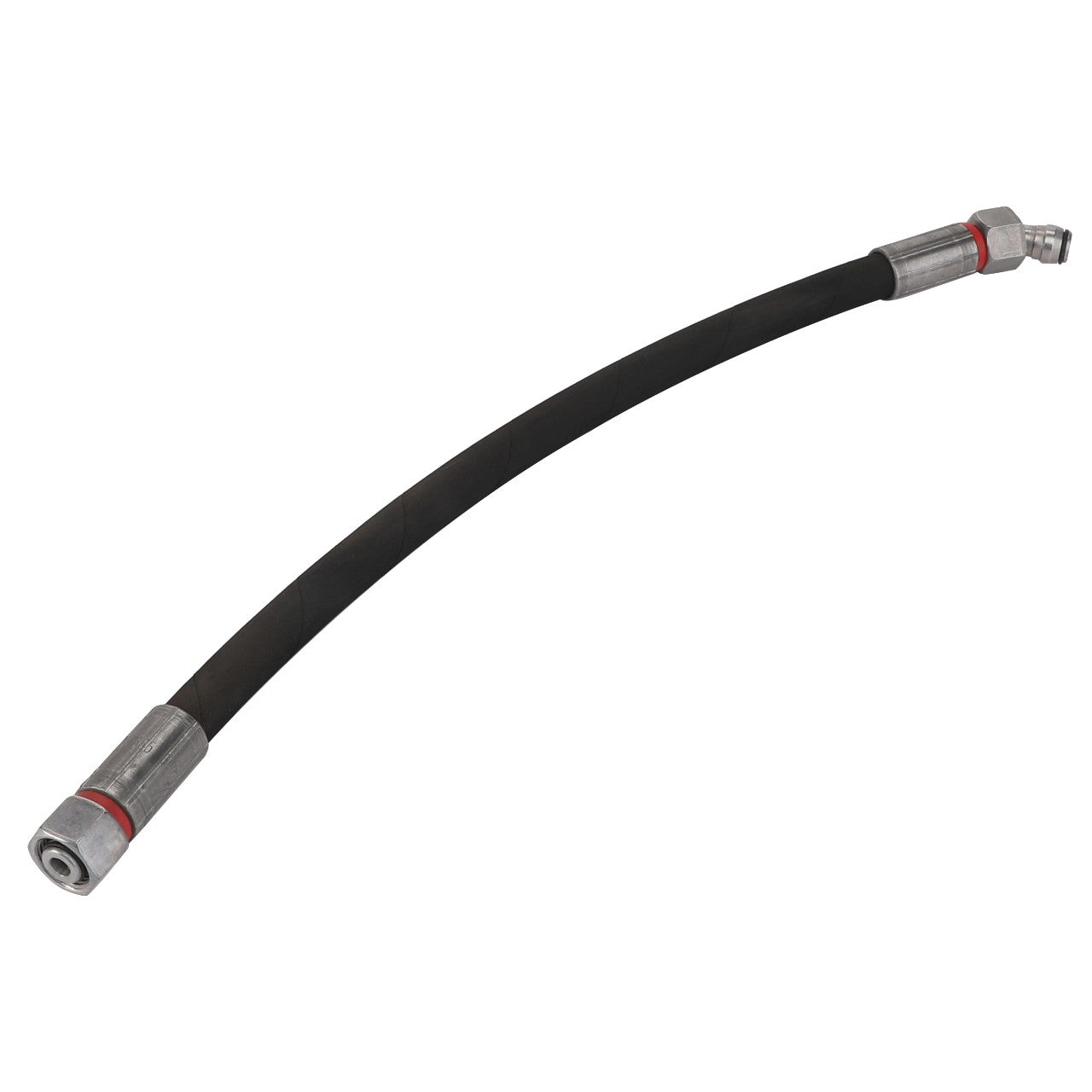 The AGCO Hose - Acp0324050 is a black flexible hose featuring metal fittings on both ends, one of which is angled. No current product description is available.