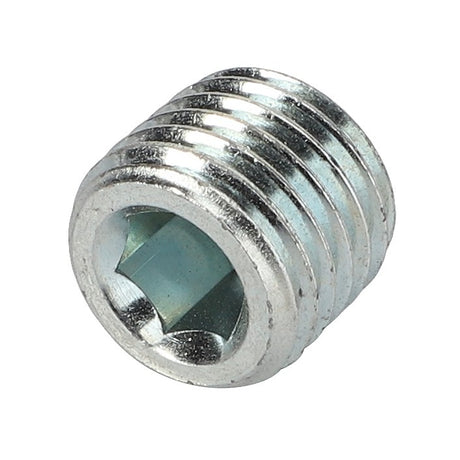 A close-up image of the AGCO | Plug - Va021564, a metallic threaded insert with an internal hexagonal socket. The cylindrical insert, branded by AGCO, features ridged threads on the exterior. No current product description available.