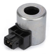 A cylindrical, metal AGCO solenoid valve with copper windings and a black plastic connector port attached at the bottom, model name Magnet Coil - F339302150040.