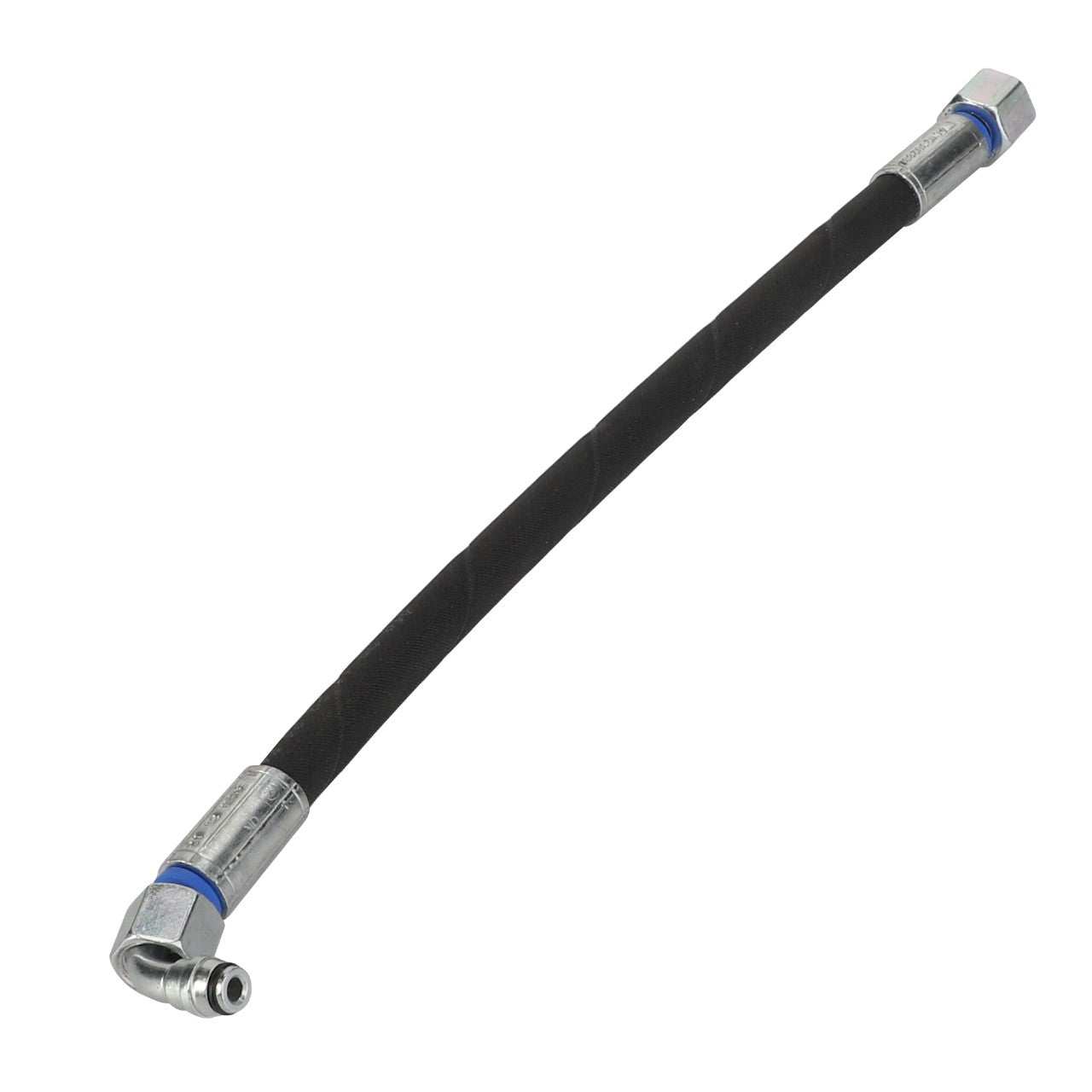 The AGCO | Hydraulic Hose - Acw230283A by AGCO is a high-performance, flexible hydraulic hose that boasts abrasion-resistant properties and features metal fittings at both ends—one end has a 90-degree elbow fitting, while the other end is straight.