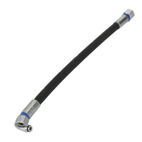 The AGCO | Hydraulic Hose - Acw230283A by AGCO is a high-performance, flexible hydraulic hose that boasts abrasion-resistant properties and features metal fittings at both ends—one end has a 90-degree elbow fitting, while the other end is straight.