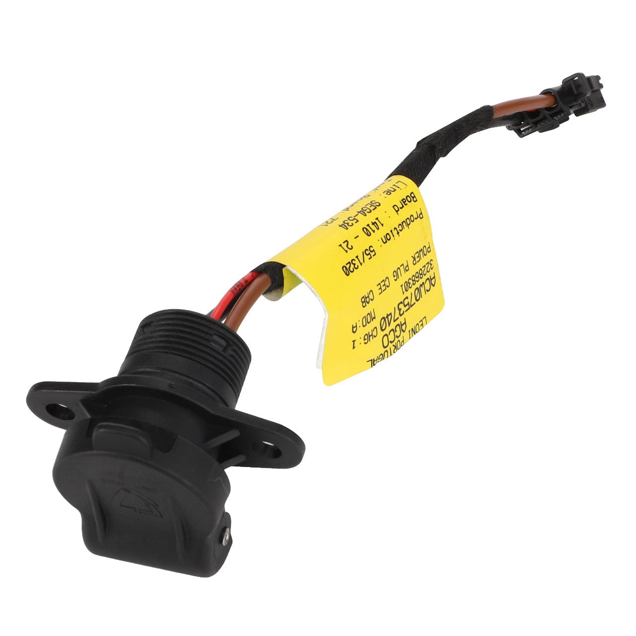 AGCO's Harness - Acw0753740 is a black automotive sensor featuring attached multi-colored wiring and a prominent yellow tag for easy identification.