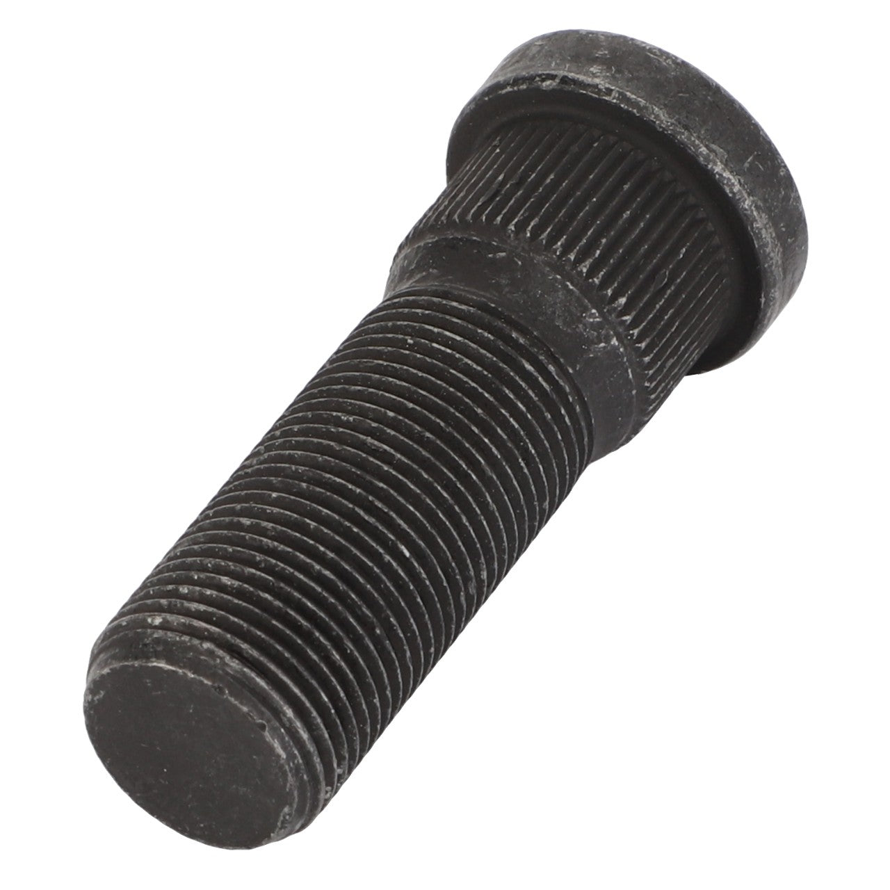 Close-up of an AGCO | BOLT - D49067800 black metal wheel stud with a threaded end and a knurled base. No current product description available.