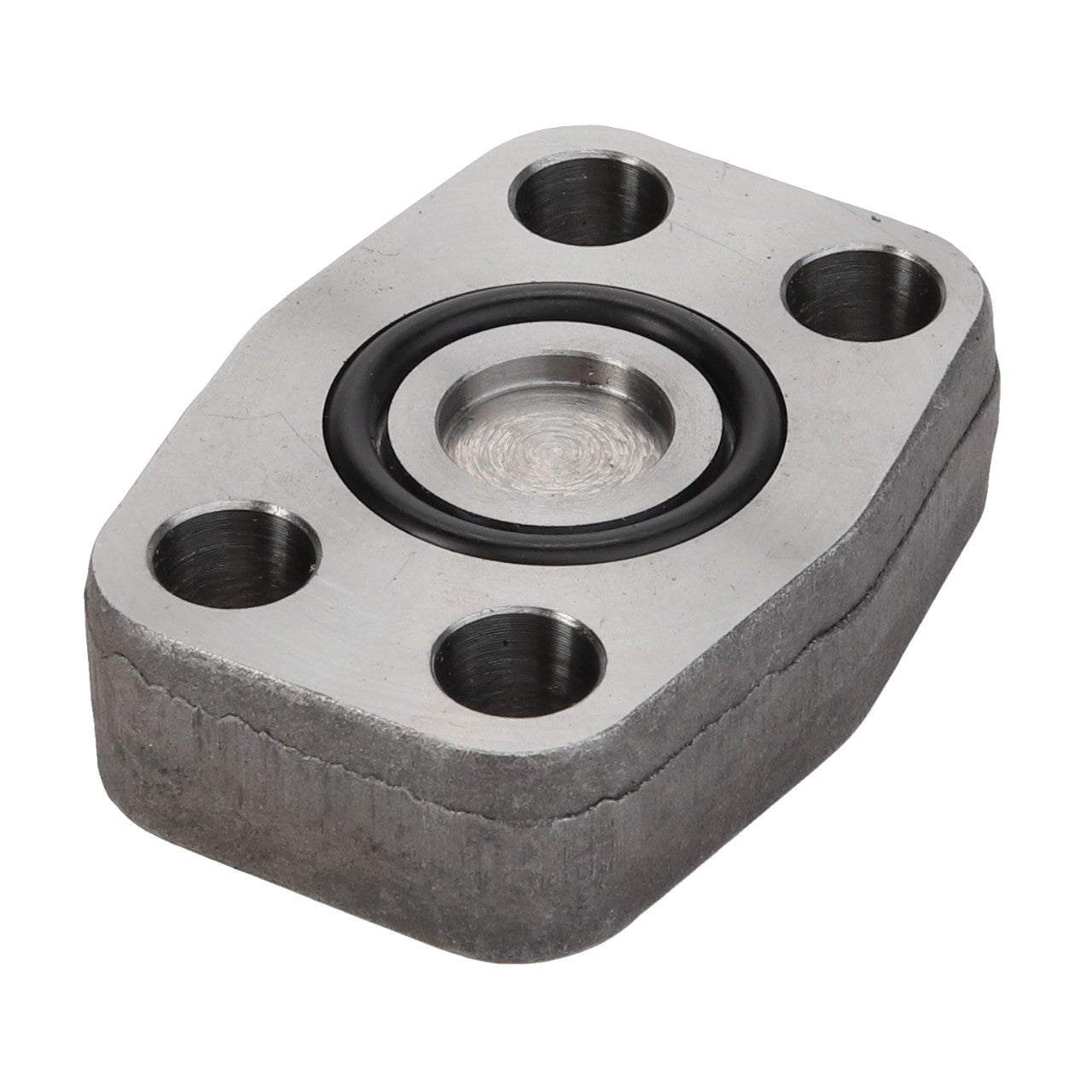 No current product description information is available for the AGCO Bridle - Acw2238990, a rectangular metal component with rounded edges that features one large central hole surrounded by four smaller holes, each reinforced with a black sealing ring.