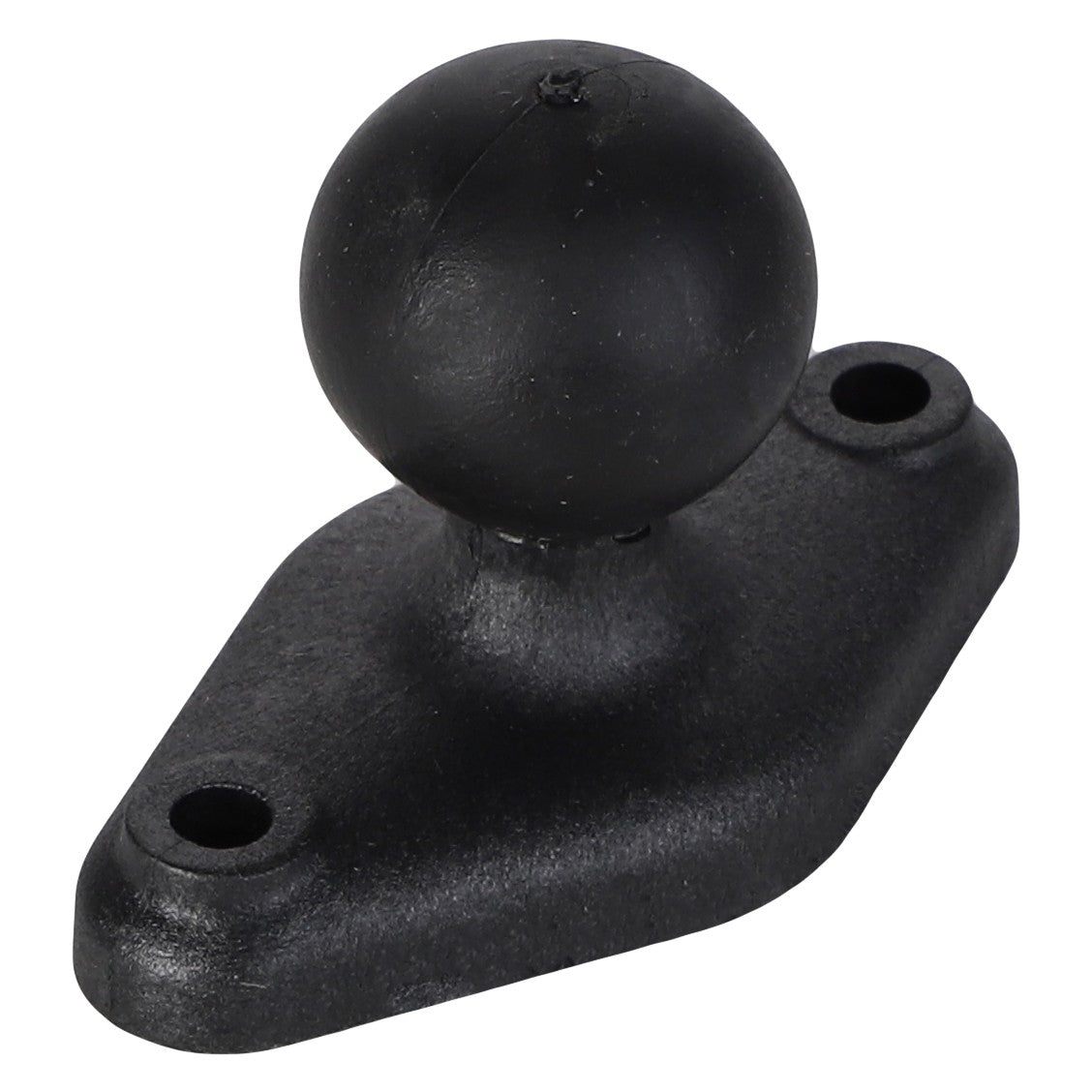 The AGCO | BASE - AG332288 from AGCO is a black, metal trailer hitch ball with a diamond plate mounting surface that features two bolt holes and sits on a slightly raised base for added stability.