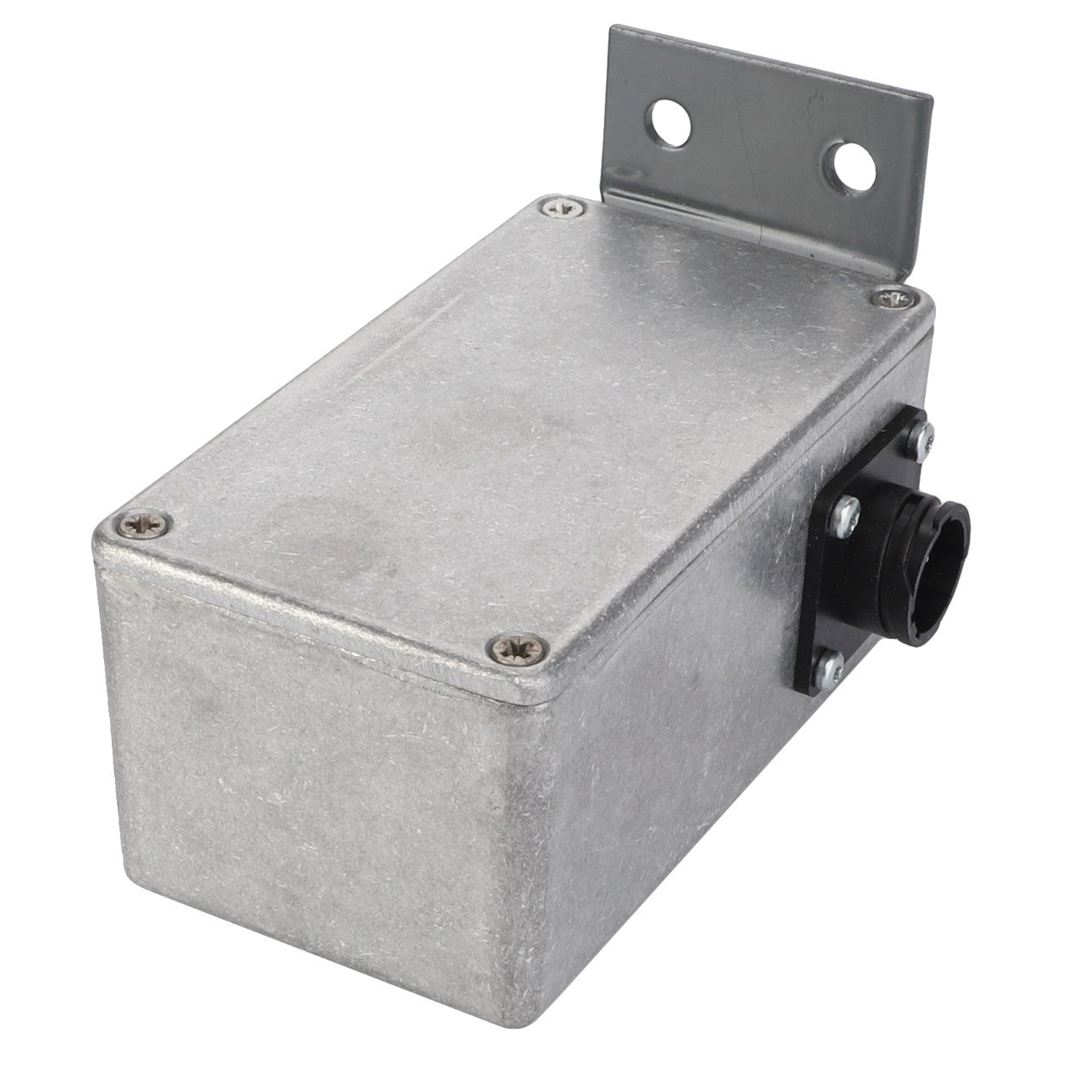 The AGCO | BOX - D28781617 by AGCO is a rectangular metal junction box featuring a screw-on cover and an attached mounting bracket. One side of the box has a visible black cable connector. The packaging does not include any current product description information.