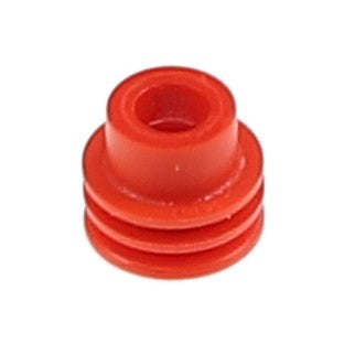 A compact, circular, red plastic component featuring two ridged rings encircling its base is sold under the name AGCO | CABLE SEAL - AG522187 by the brand AGCO.