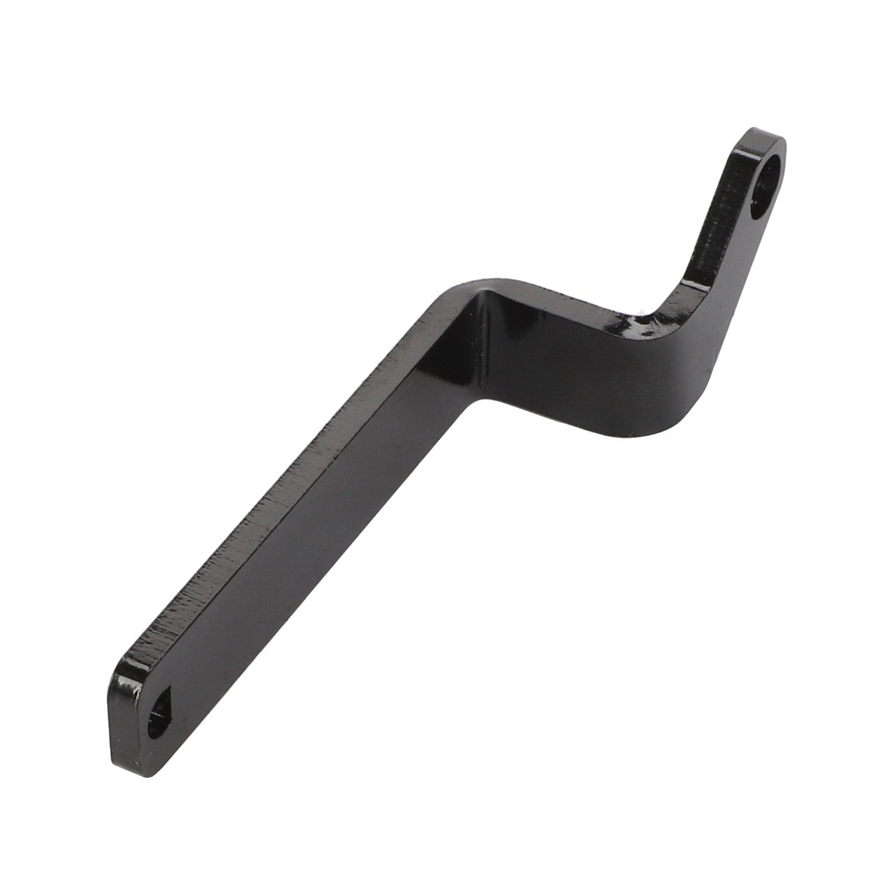 AGCO | Arm - Acw4913720: This black metal bracket features a distinctive bent, angular design and is equipped with two holes at each end. Further product description information is currently unavailable.