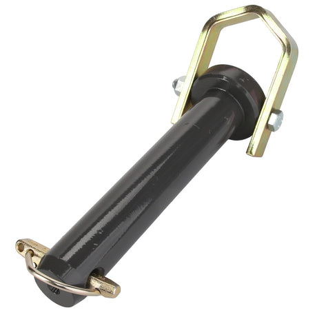 The AGCO | Pin - Acp0396390 is a black cylindrical hitch pin featuring a gold-colored clip and a U-shaped handle bracket. No current product description is available for this item.