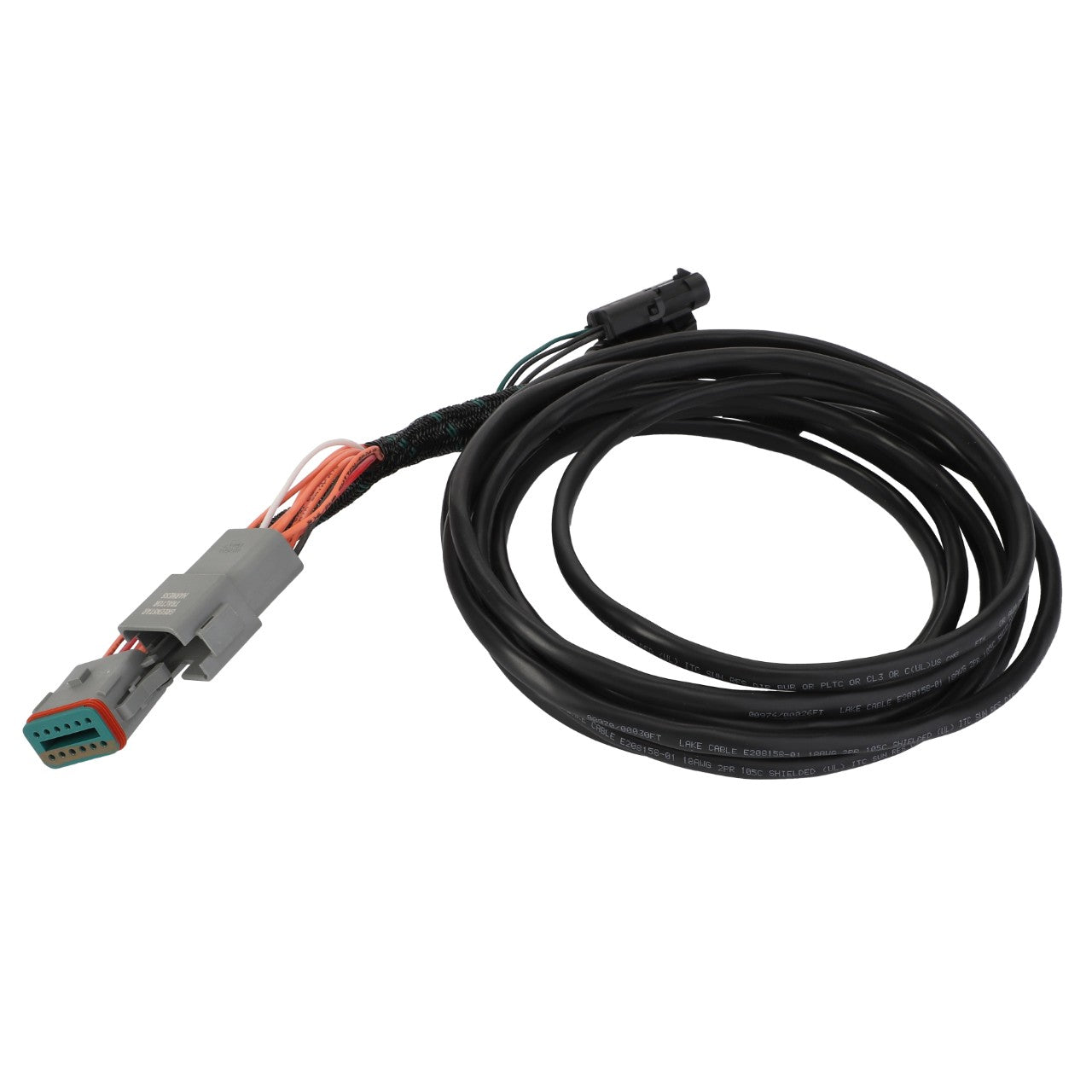 The AGCO Adapter - Acw3731360 features a coiled black electrical cable with a sleek gray connector at one end and a smaller black connector at the other, ensuring streamlined connectivity.