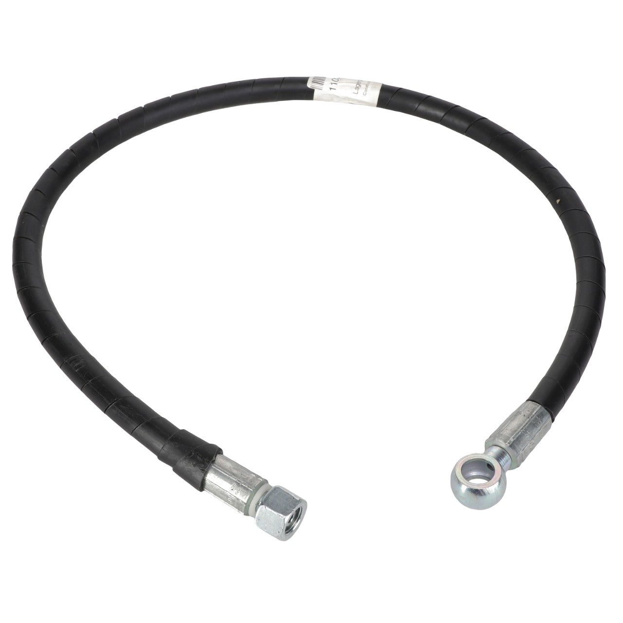 The AGCO | HOSE - AL1103145 is a flexible black hydraulic hose featuring metal fittings on both ends, with one end having a bolt and the other end equipped with a circular eyelet. Additional product description information is currently unavailable.