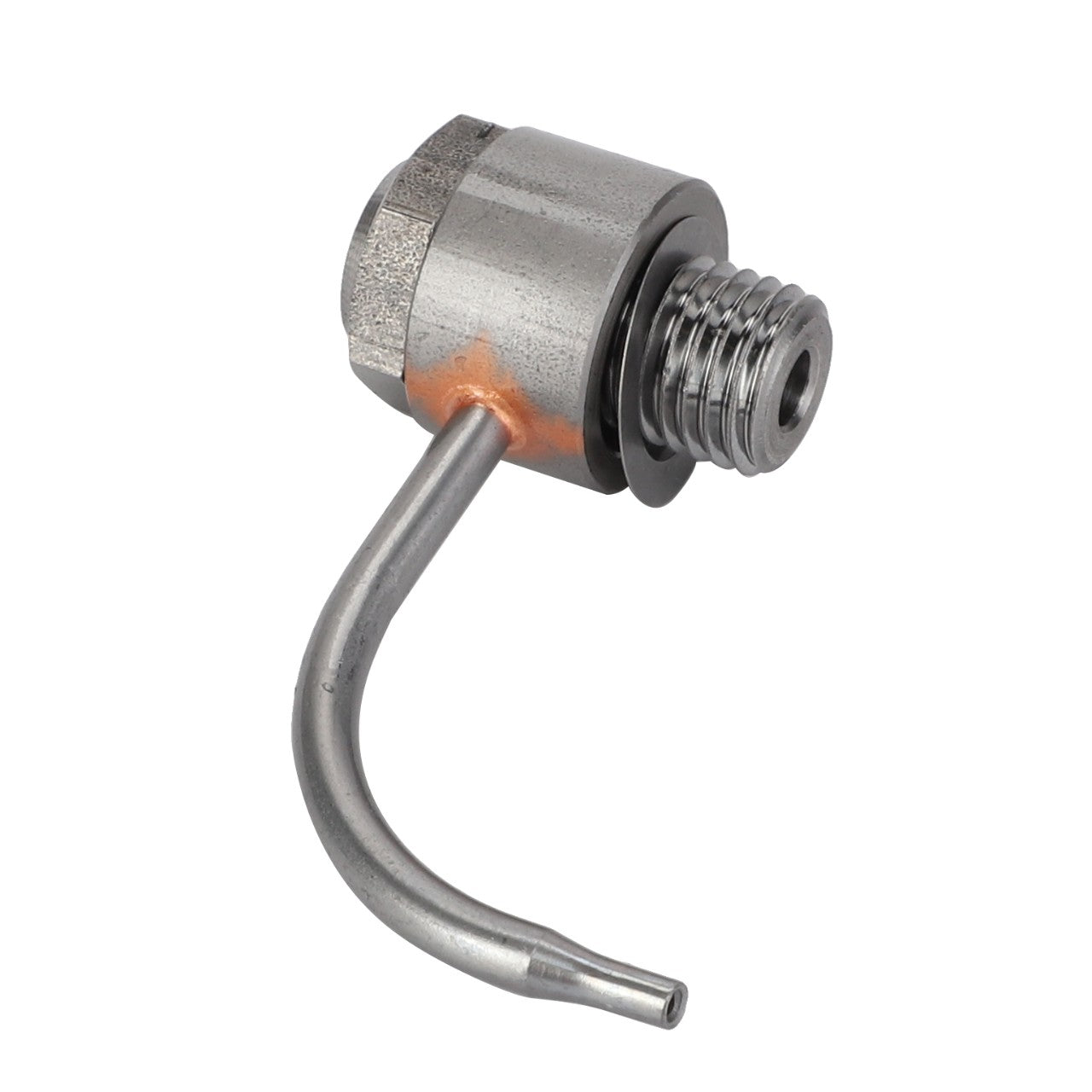 Here is a revised sentence using the provided product data:

**Currently, there is no detailed description available for the AGCO Piston Cooling Jet - Acp0665490, which is a metallic L-shaped hose fitting with a threaded end and a hexagonal nut.**