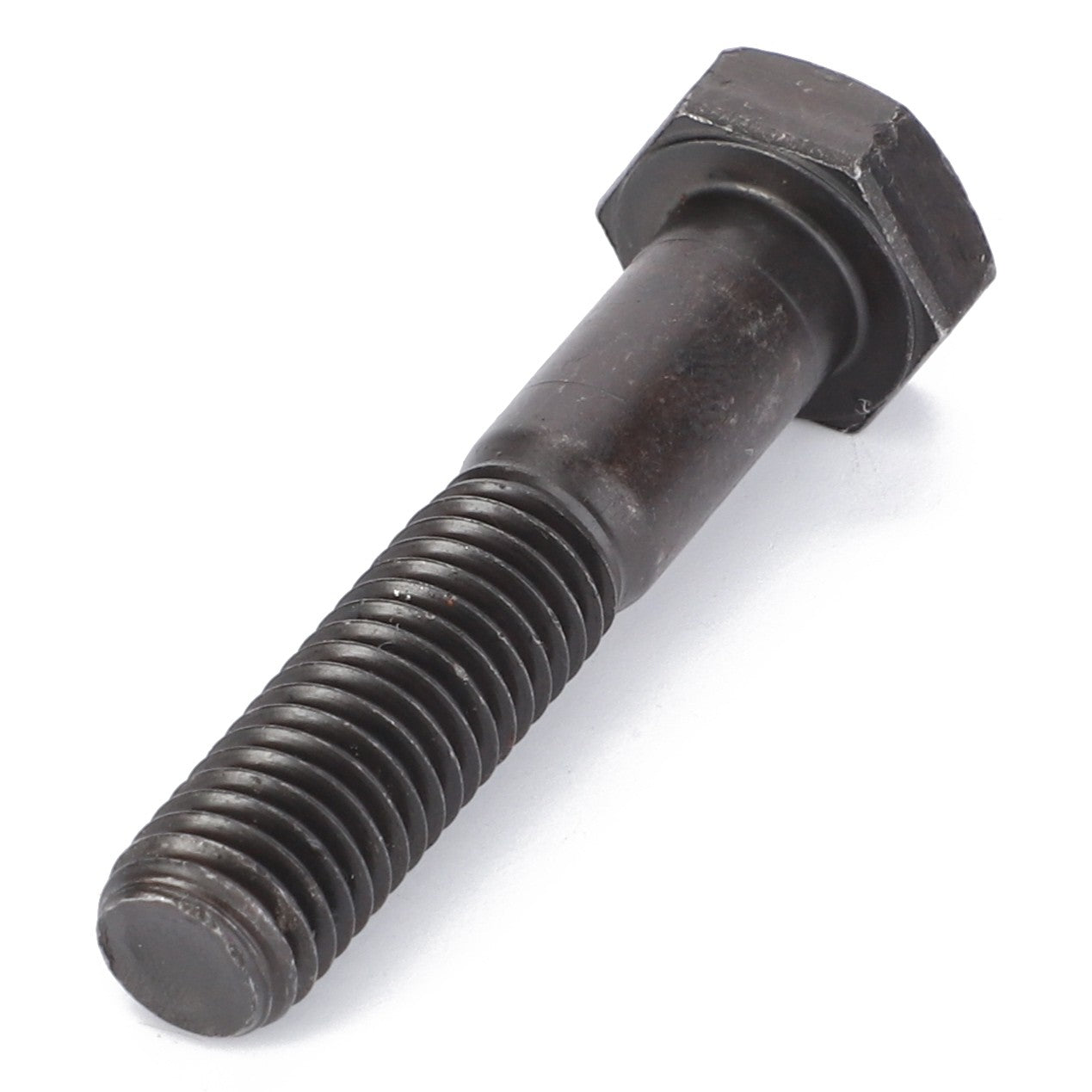 Close-up of an AGCO | Screw - Va020861, featuring a black hex bolt with a partially threaded shaft, lying on a white surface. No current product description available.