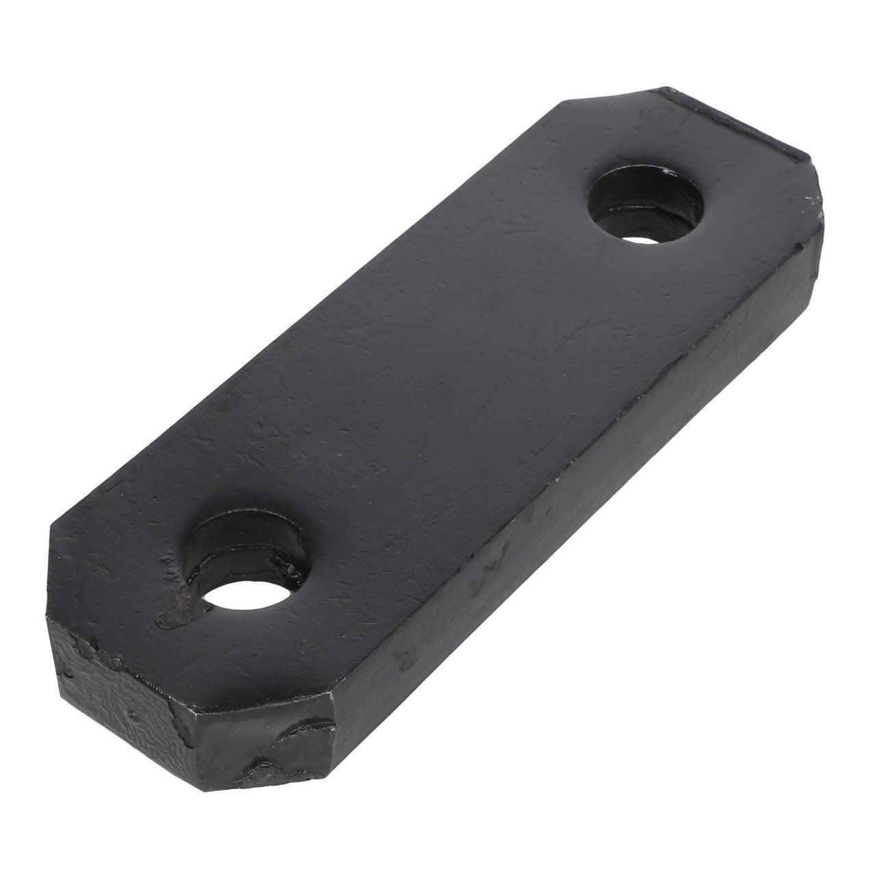 Introducing the AGCO | SPACER - AL381314 from AGCO, a sleek rectangular black metal plate designed with precision, featuring two circular holes on either end.