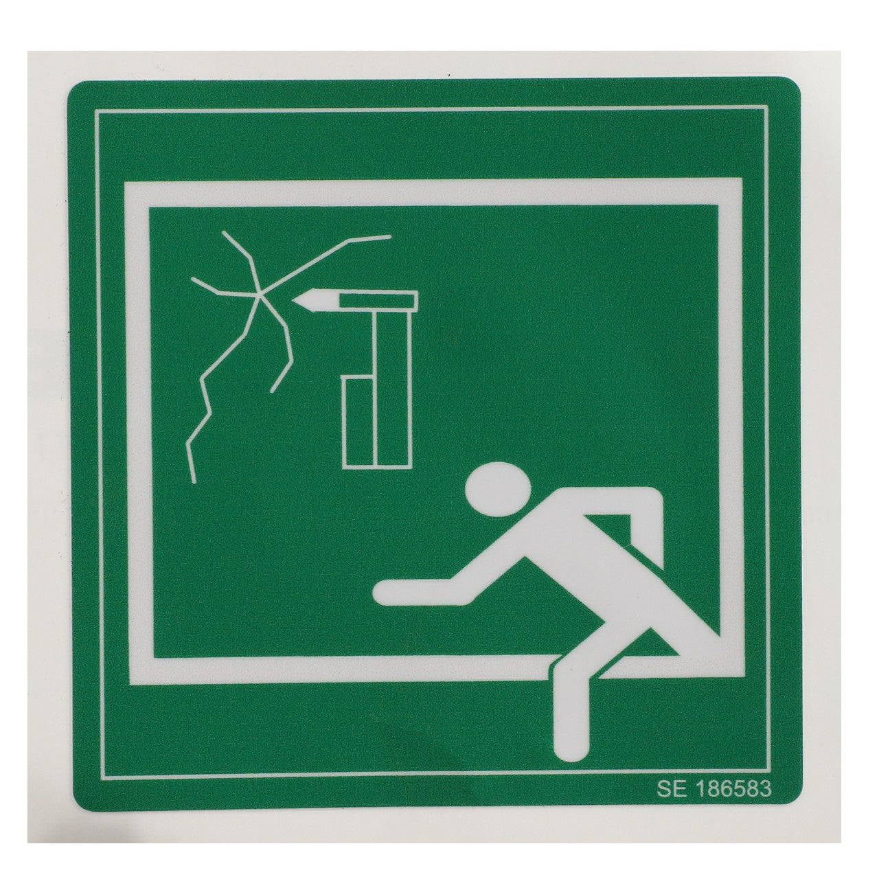 AGCO | DECAL, EMERGENCY EXIT - ACP0534600: A green emergency exit sign featuring a figure running towards a door with an arrow indicating the direction to the exit. No additional product description information is available at this time.