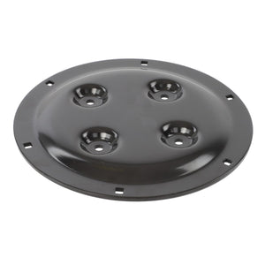 The AGCO | Support Plate 358Mm Drum Mower - Fel140917 is a round, metallic black component featuring four circular indentations and multiple holes near the edge, designed to ensure peak efficiency and maximum uptime.