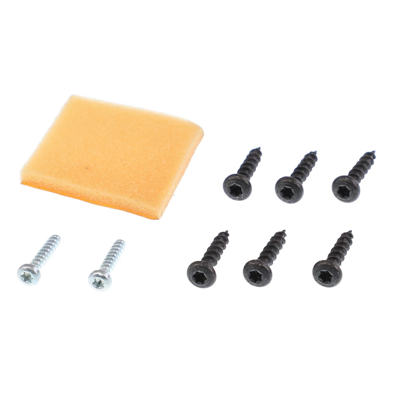 Image shows a small orange foam pad alongside six black screws and two silver screws arranged on a white background. This is the AGCO Small Parts Kit (Model: F930500030590) by AGCO. No current product description information is available.