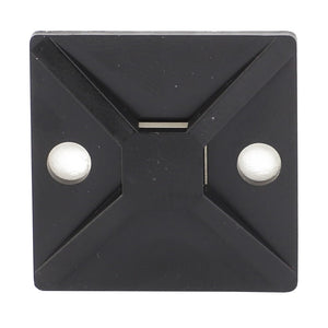 Close-up of the AGCO TIE PLATE - AG517942, a black, square-shaped cable tie mount with an adhesive back and two screw mounting holes. No current product description information is available.