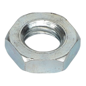 Close-up of the AGCO NUT - AL5011076, a hexagonal metal nut with an internal threaded hole, showcasing its precise engineering.