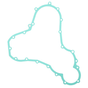 Image of an AGCO | Gasket - V89786300, a teal-colored automotive gasket featuring a unique, irregular shape and multiple attachment holes along its perimeter, suitable for Valtra, Massey Ferguson, or Fendt machinery.