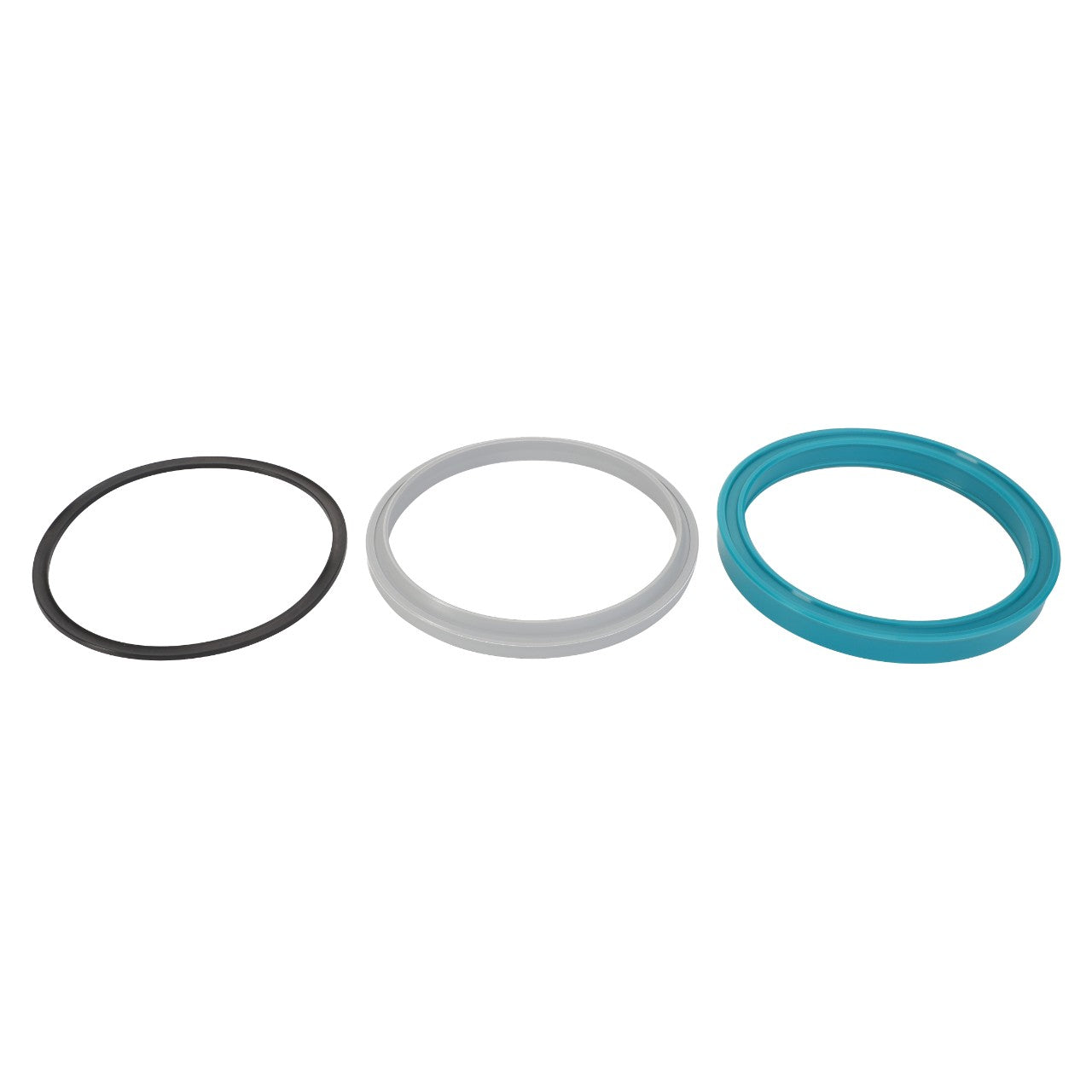 Product Description: The AGCO Kit, Joint - Acp0546990 includes three sealing rings arranged in a horizontal line against a white background. From left to right, the rings are black, white, and teal in color.