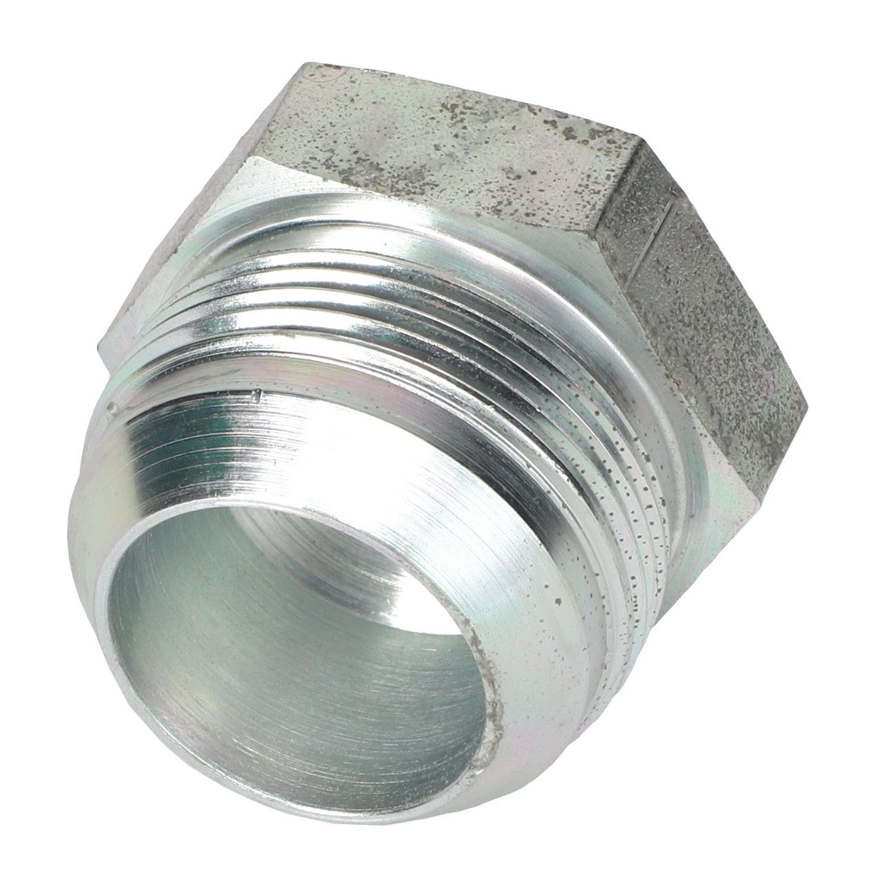 A hexagonal, silver metal threaded pipe fitting connector with a cylindrical body, shown at an angle on a white background. Product: AGCO | HEX HEAD PLUG - AG710593 by AGCO. No current product description information is available.