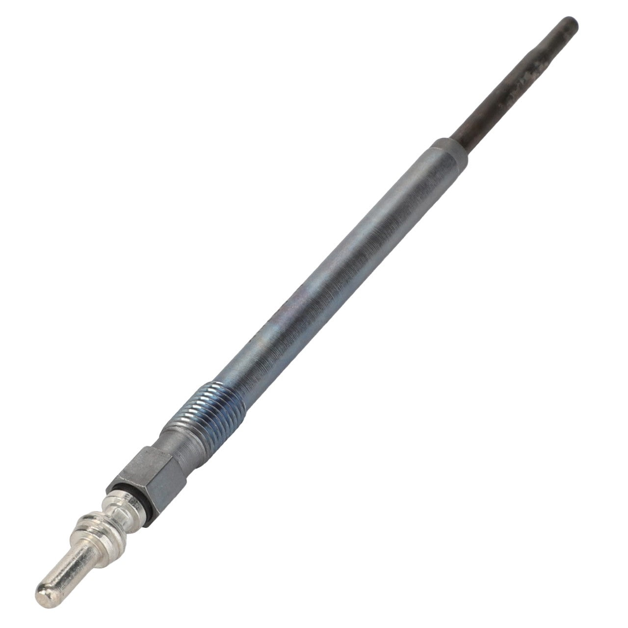 The AGCO | Glow Plug - Acp0677220, a metal component by AGCO, features a threaded body, hexagonal base, and conical tip designed for effectively heating the combustion chamber in diesel engines.