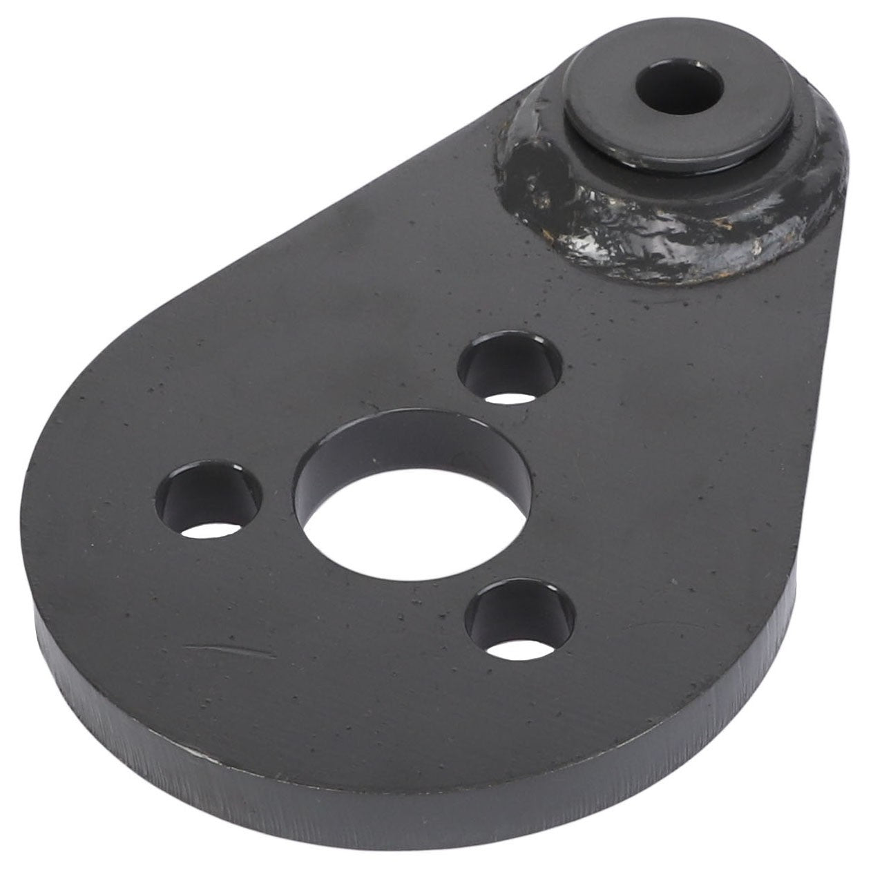 The AGCO | Arm - Acx2432720, a black metal component by AGCO, features a teardrop shape with four drilled holes and a small cylindrical protrusion on the wider end.