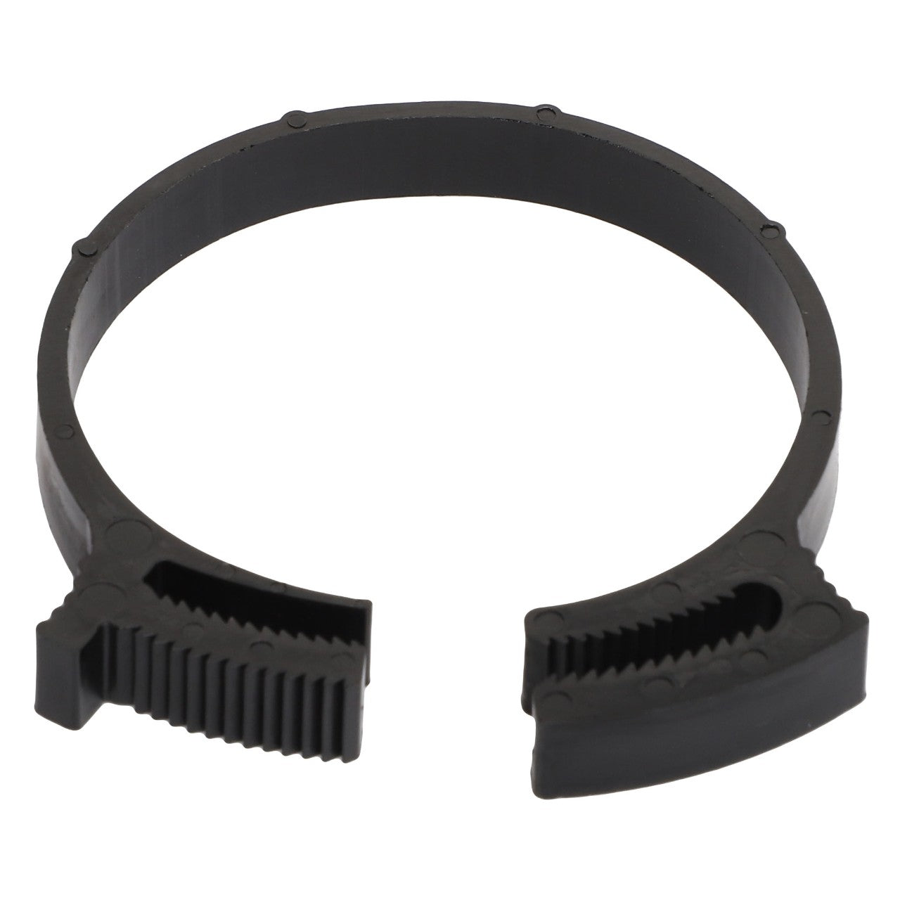 The AGCO Clip - 3009816X1 is a black plastic adjustable clamp featuring a ratcheting mechanism that ensures secure and adaptable functionality, qualities not found in similar items from other brands.