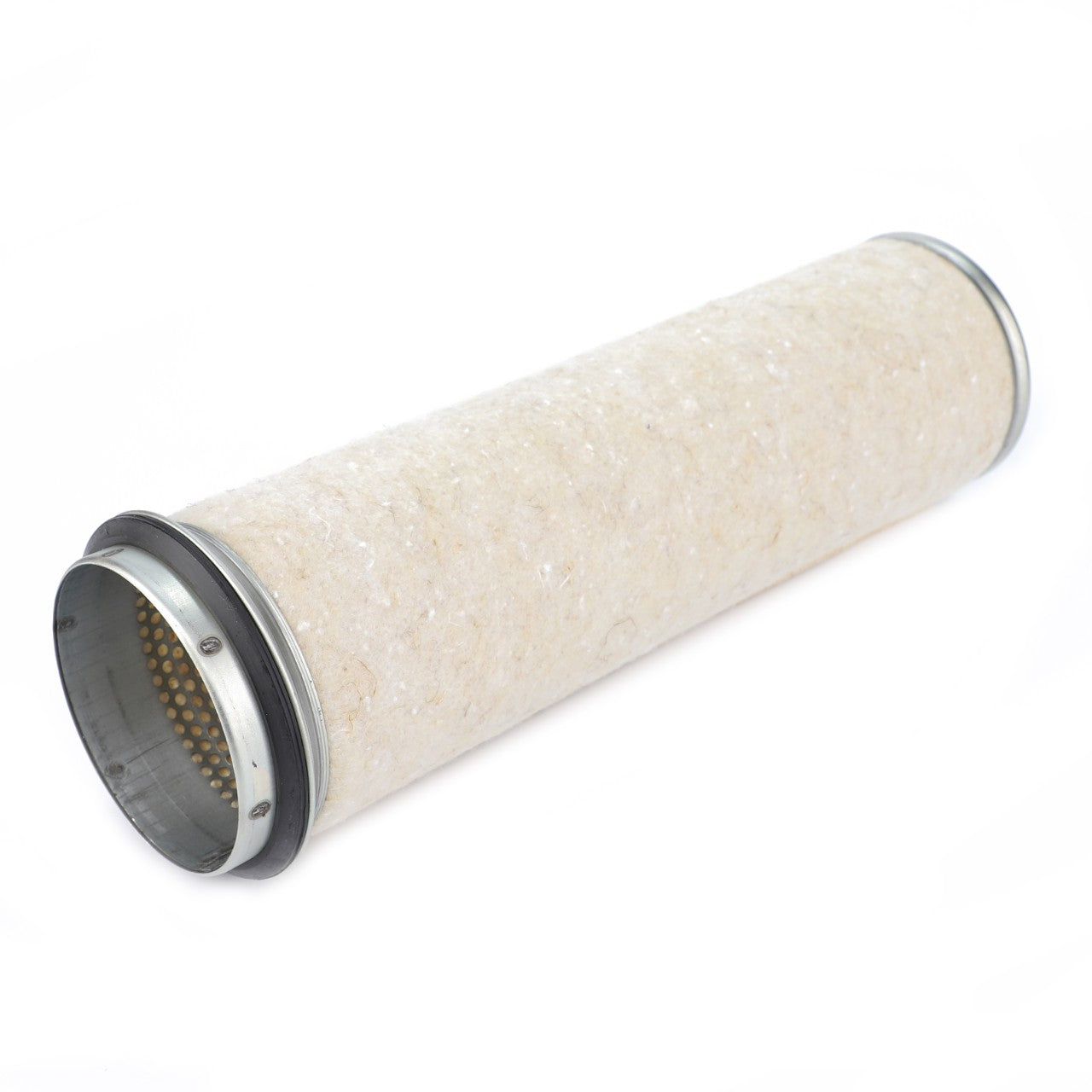 Cylindrical, textured filter with metal ends, positioned horizontally against a plain white background. This AGCO Engine Air Filter Cartridge - F280200090030 is engineered for modern engines, ensuring optimal filtration efficiency.