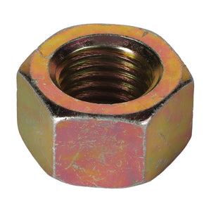 A close-up of the AGCO | HEX NUT - AG125206, showcasing its hexagonal metallic design with an internal threaded hole. The nut displays signs of wear and a slightly tarnished finish. Current product description information is unavailable.