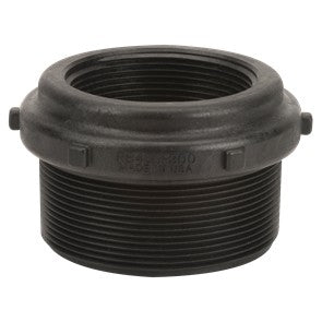 The AGCO | REDUCER BUSH - ACP0134080 is a black, threaded metal coupling adapter with wide threading on both ends, commonly used for pipe connections. For ordering information or to contact support, please visit our website.