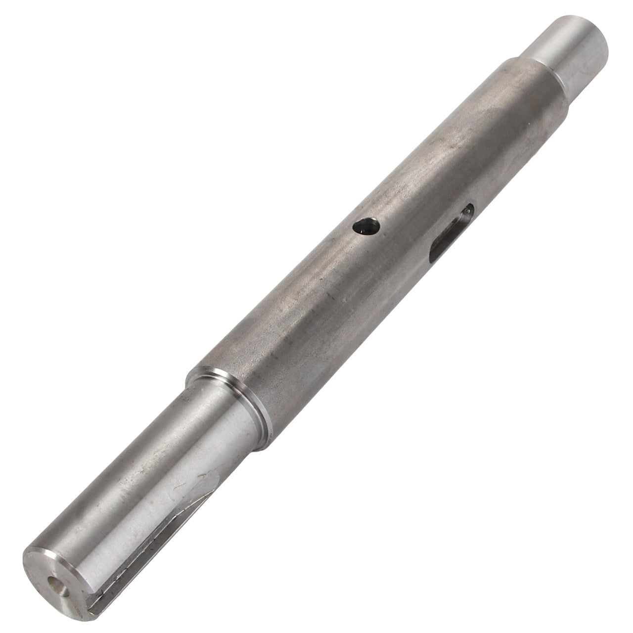 The AGCO | SHAFT - D28788693, a cylindrical metal shaft from AGCO, boasts a smooth surface and precise machining, complete with holes and grooves at various intervals.