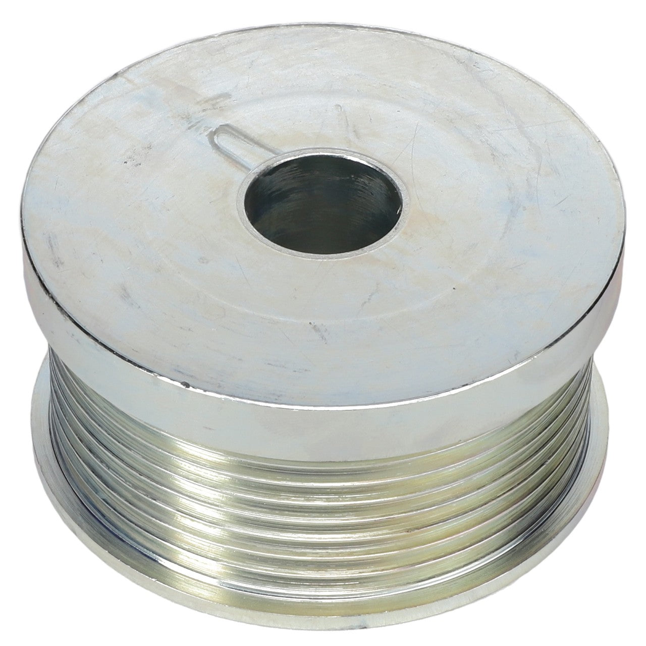 The AGCO Alternator Sheave (ACW1752890) is a metal pulley wheel featuring a central hole, designed for use with belt or cable systems. No additional product description information is currently available.