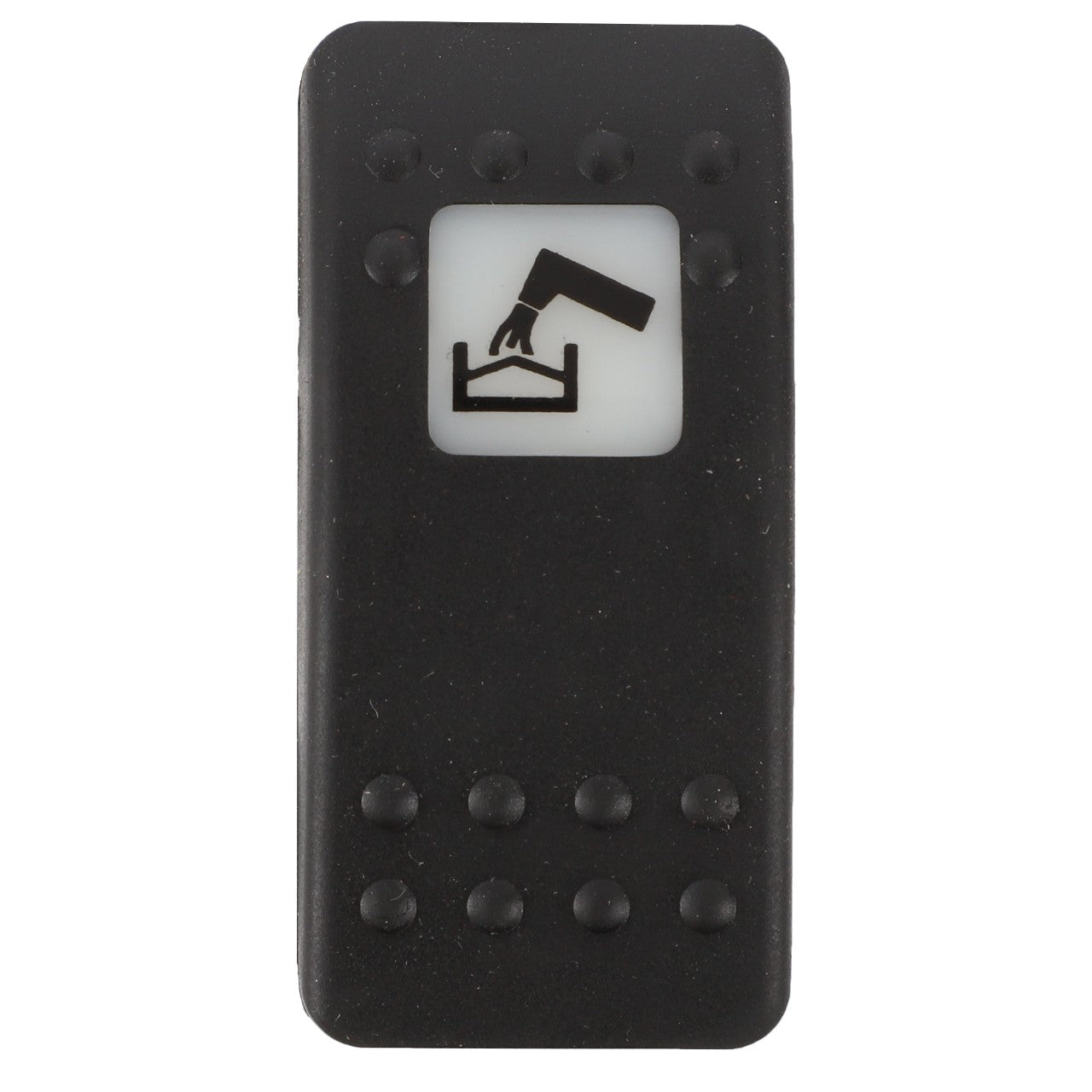 Close-up of the AGCO | SWITCH - D45050007 remote control button by AGCO, showcasing its black surface with a tactile dot pattern and a white symbol depicting a hand pressing down on an electronic device.