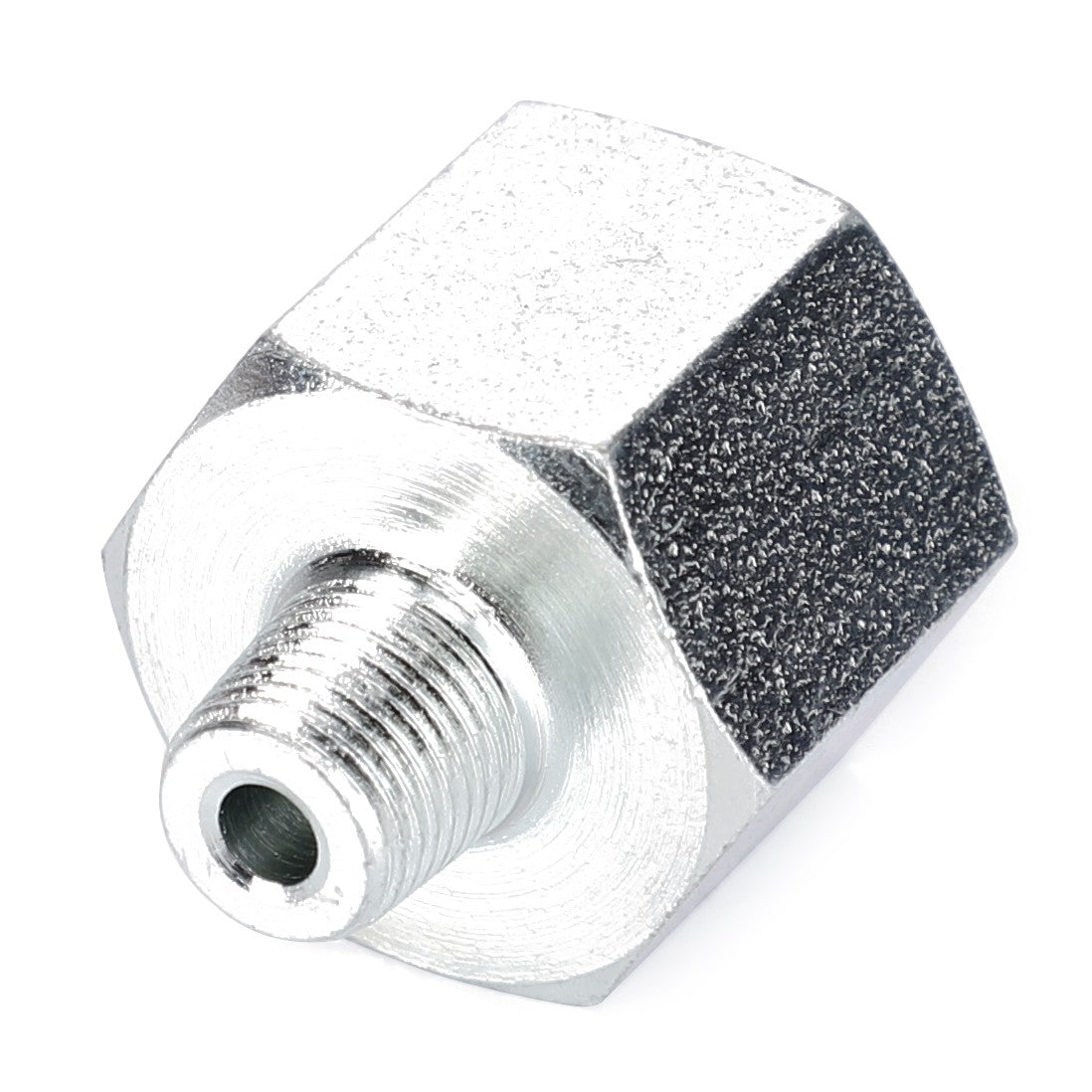 The AGCO Adapter - 3795276M1 is a silver threaded metal component with a hexagonal base and a cylindrical protrusion, compatible with Massey Ferguson Models and suitable for MF 2WD/4WD applications.