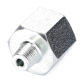 The AGCO Adapter - 3795276M1 is a silver threaded metal component with a hexagonal base and a cylindrical protrusion, compatible with Massey Ferguson Models and suitable for MF 2WD/4WD applications.