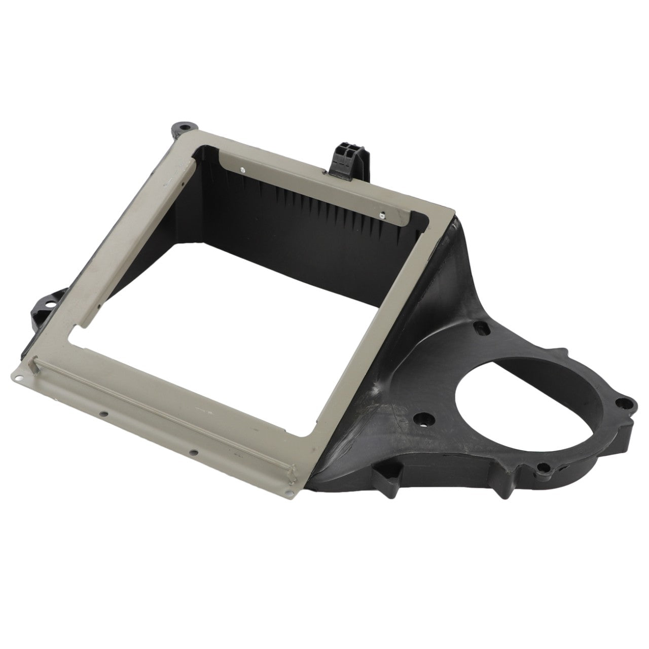 The AGCO Air Duct - Acw8832650 is a black plastic automotive airbox housing featuring a rectangular opening and a circular cutout on one side, designed to fit an engine compartment.